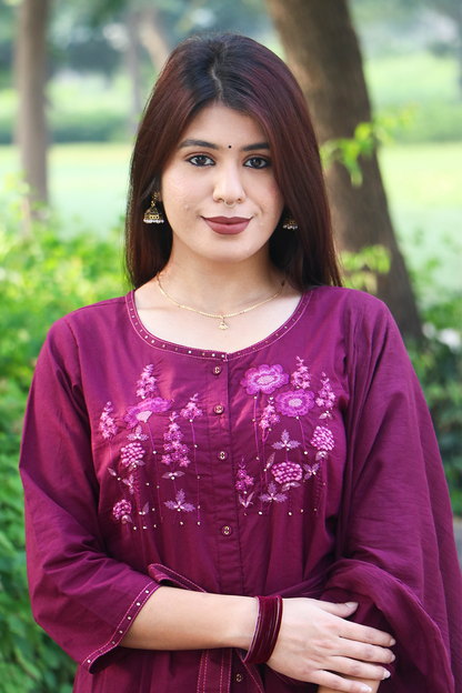 Wine Berry Thread-Work Cotton Kurta-Pant Set with Dupatta