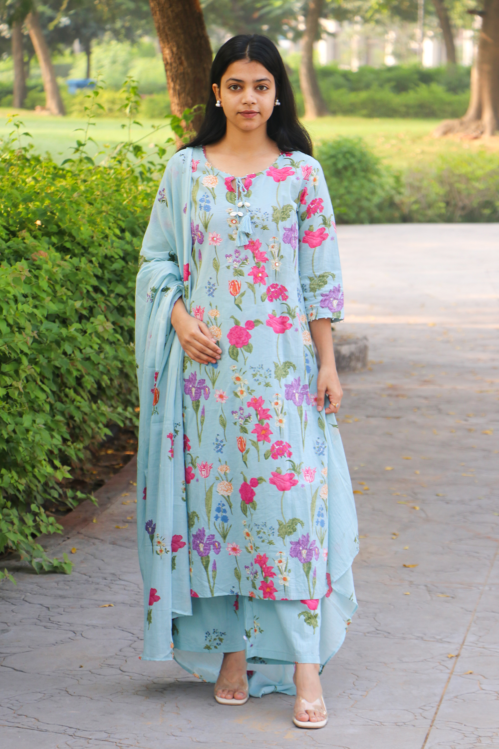 Pastel Blue Floral Cotton Kurta-Pant Set with Dupatta