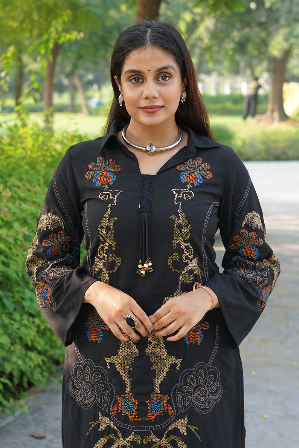 Black Cross Stitch Embroidered Cotton Kurta-Pant Set with Dupatta