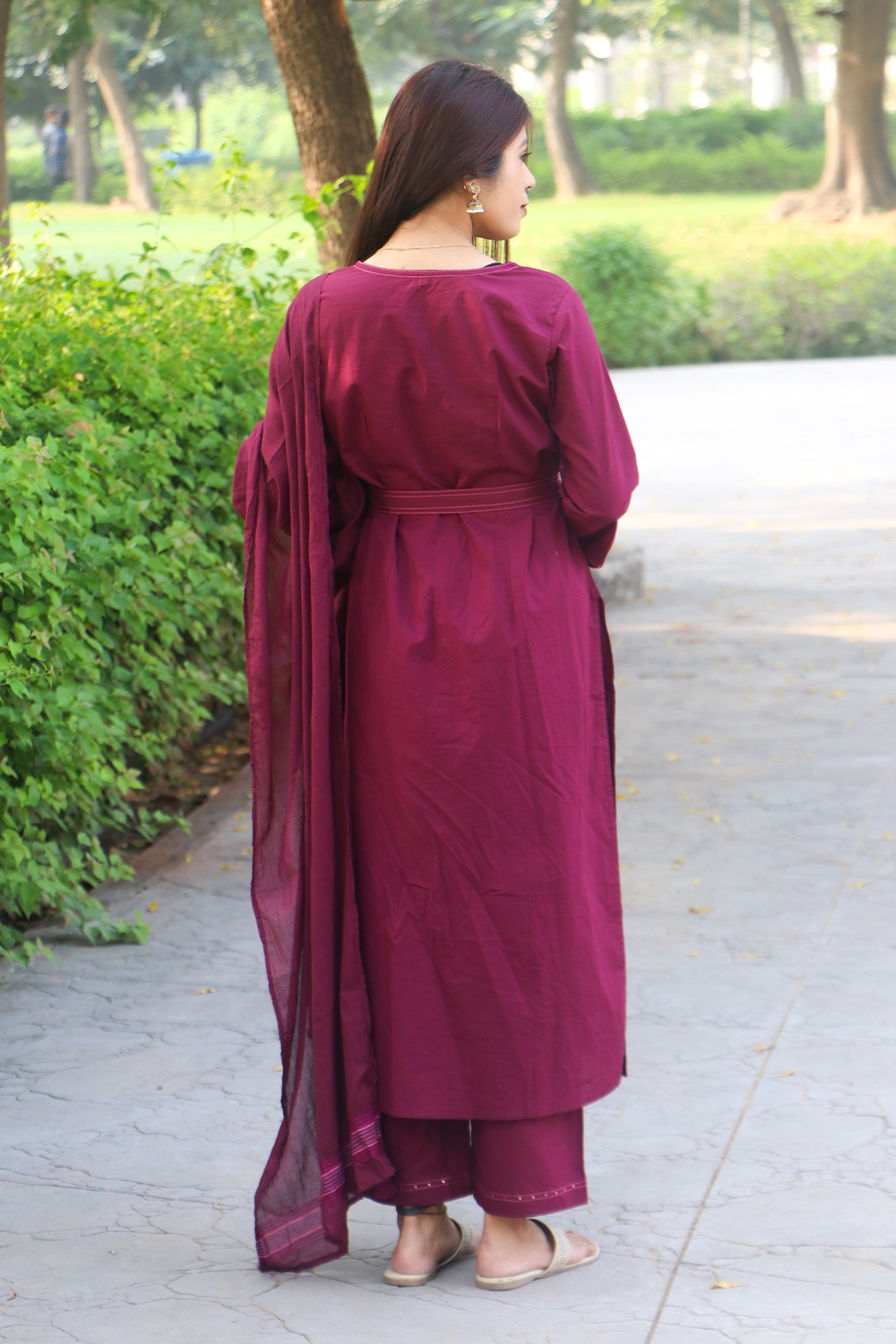 Wine Berry Thread-Work Cotton Kurta-Pant Set with Dupatta