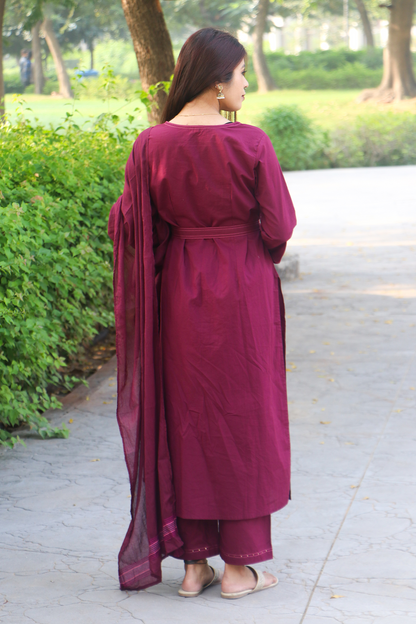 Wine Berry Thread-Work Cotton Kurta-Pant Set with Dupatta
