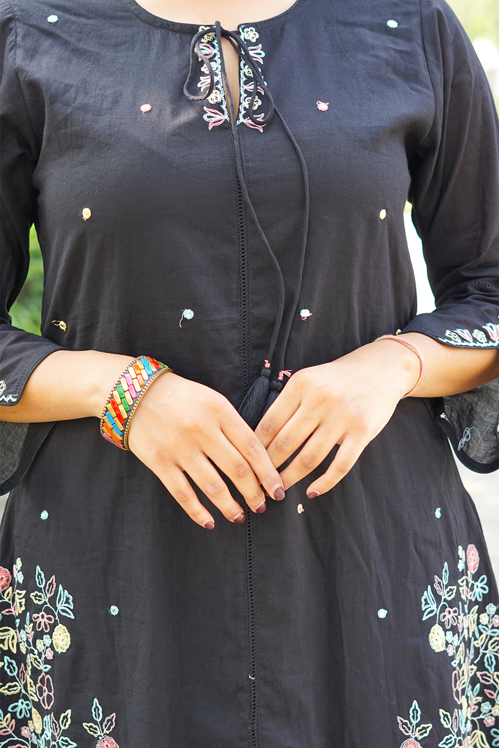 Black Katha-Work Mul Cotton A-Line Kurta-Pant Set with Dupatta