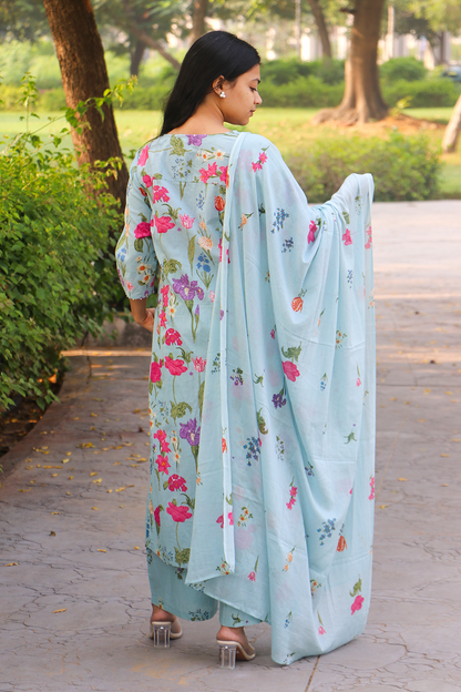 Pastel Blue Floral Cotton Kurta-Pant Set with Dupatta