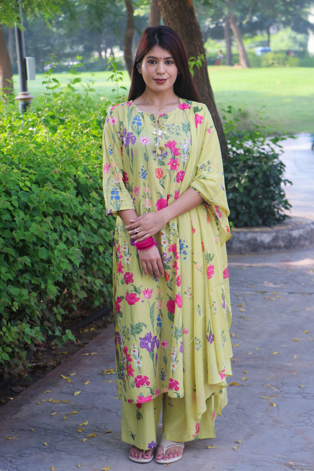 Pastel Green Floral Cotton Kurta-Pant Set with Dupatta