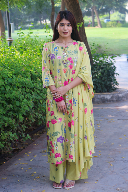 Pastel Green Floral Cotton Kurta-Pant Set with Dupatta