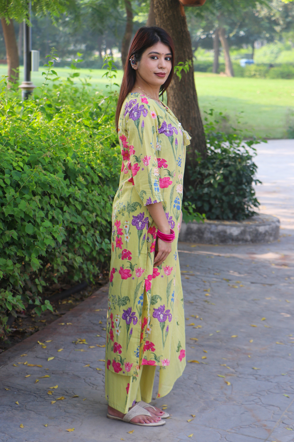 Pastel Green Floral Cotton Kurta-Pant Set with Dupatta