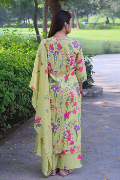 Pastel Green Floral Cotton Kurta-Pant Set with Dupatta