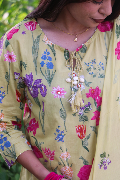 Pastel Green Floral Cotton Kurta-Pant Set with Dupatta
