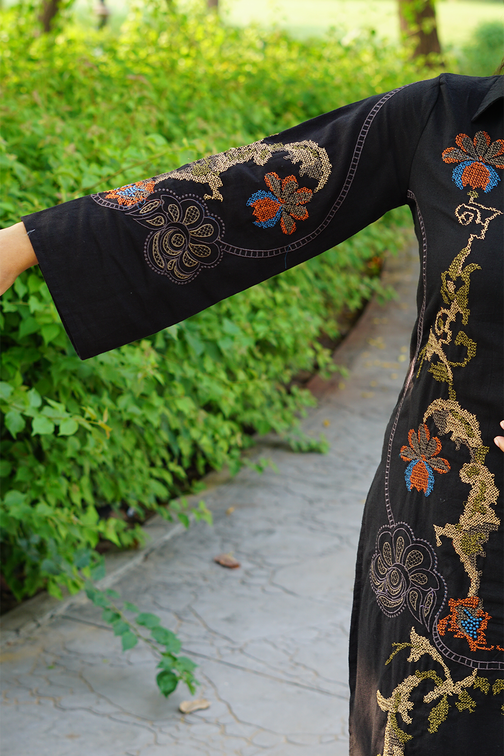 Black Cross Stitch Embroidered Cotton Kurta-Pant Set with Dupatta