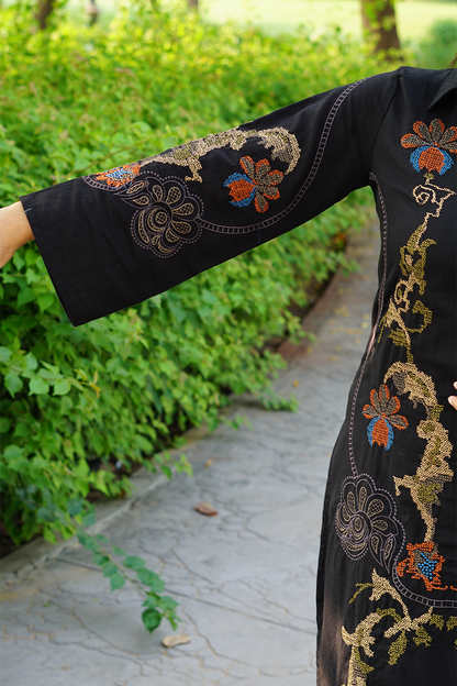 Black Cross Stitch Embroidered Cotton Kurta-Pant Set with Dupatta