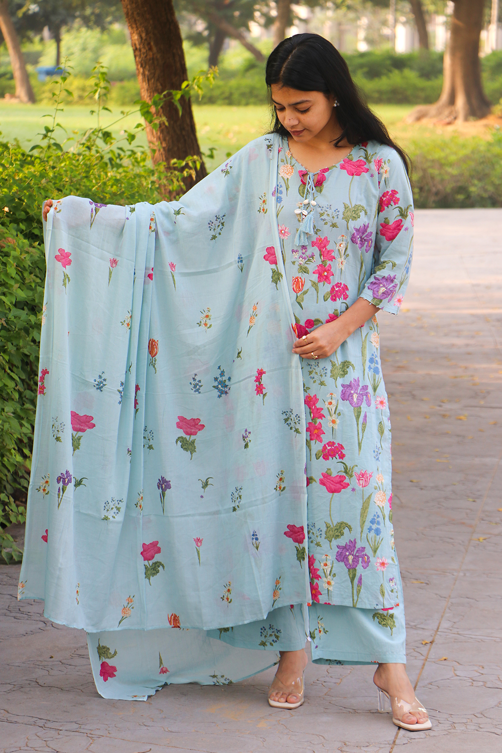 Pastel Blue Floral Cotton Kurta-Pant Set with Dupatta