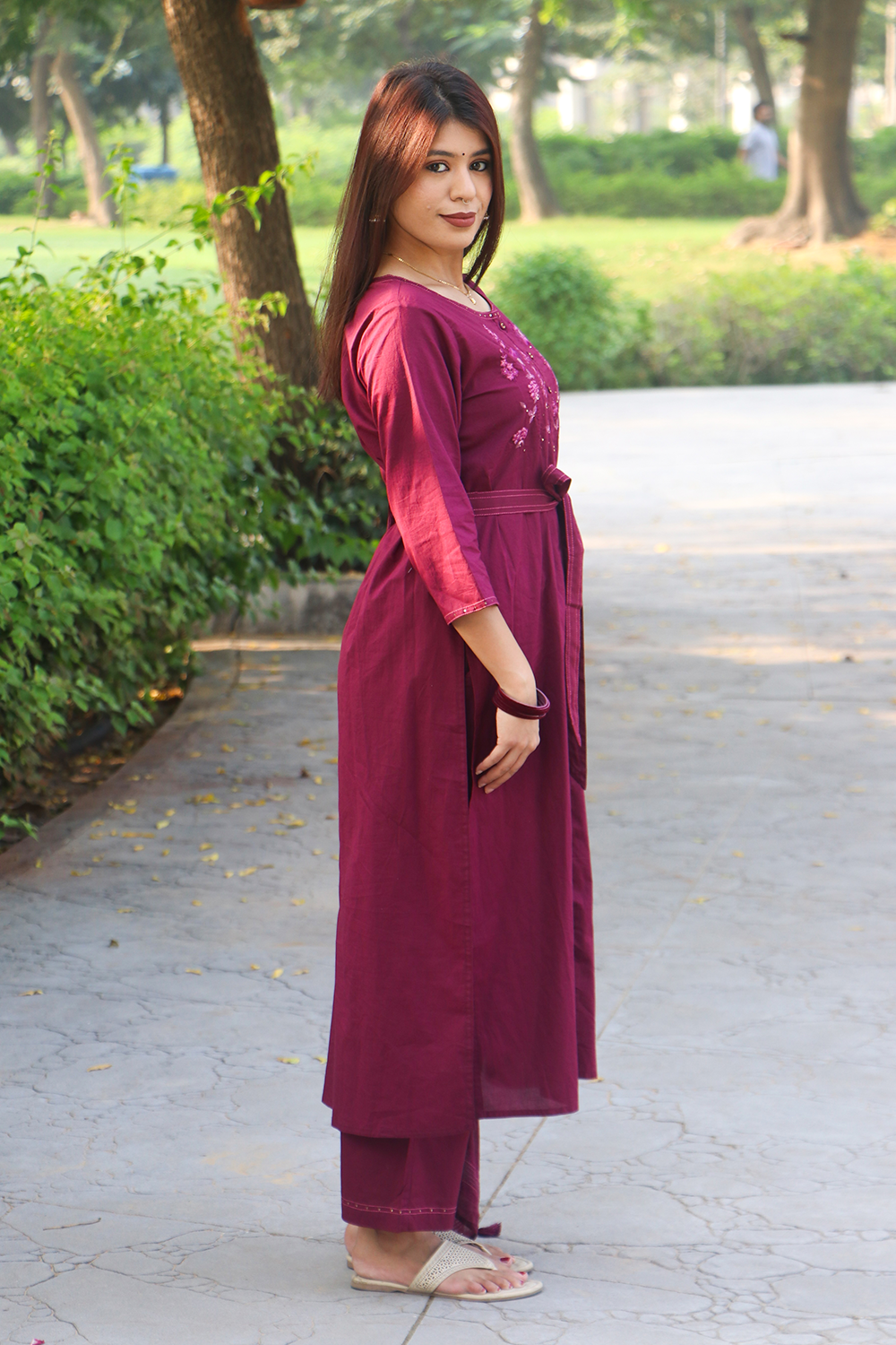 Wine Berry Thread-Work Cotton Kurta-Pant Set with Dupatta