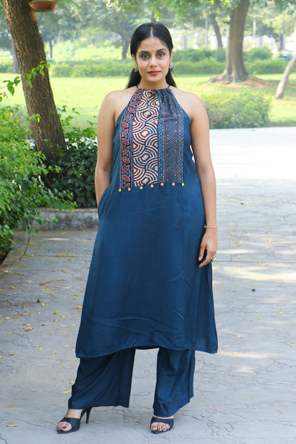 Navy Blue Modal Silk Halter Neck Co-ord Set