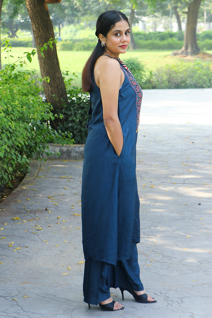 Navy Blue Modal Silk Halter Neck Co-ord Set