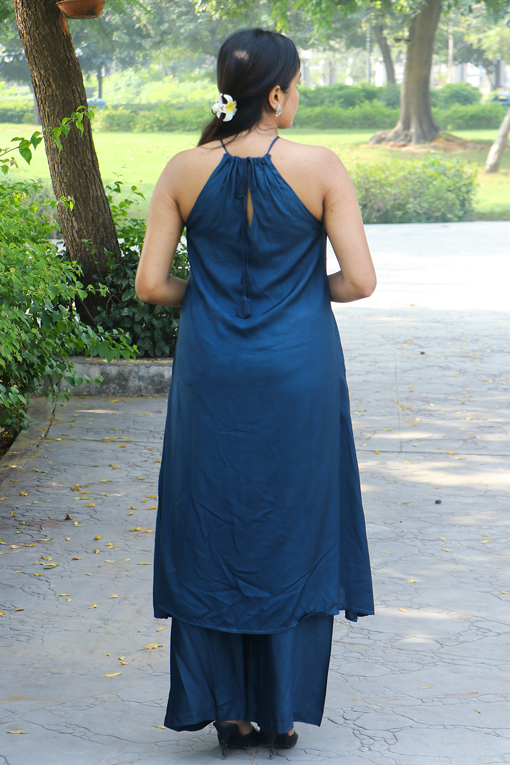 Navy Blue Modal Silk Halter Neck Co-ord Set