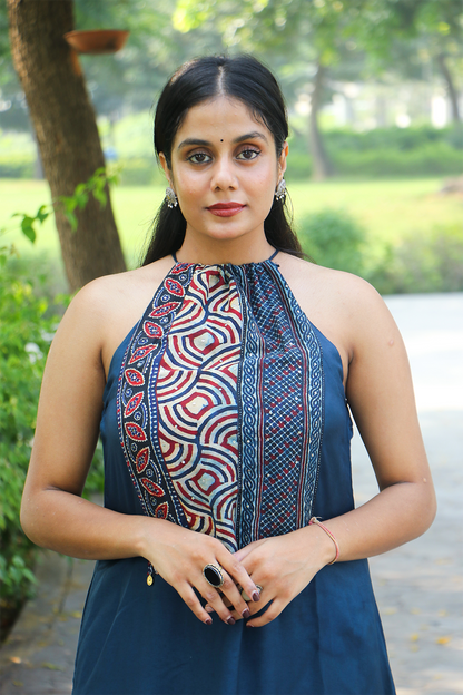 Navy Blue Modal Silk Halter Neck Co-ord Set