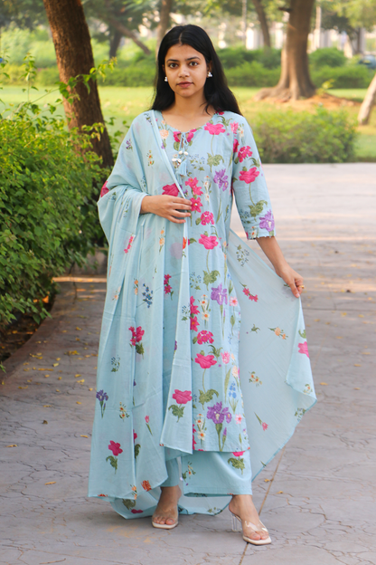 Pastel Blue Floral Cotton Kurta-Pant Set with Dupatta