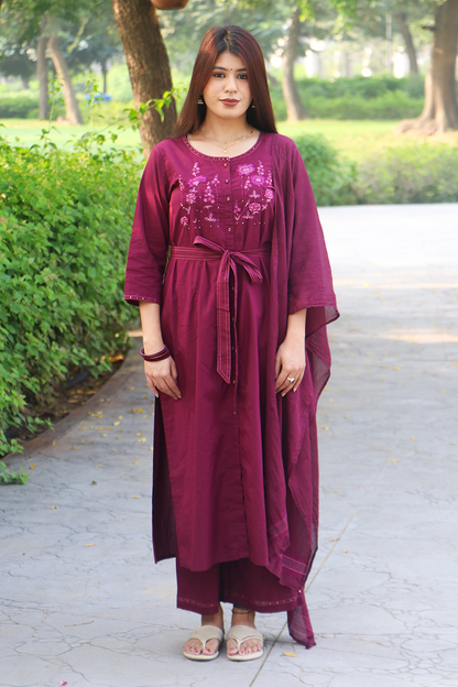 Wine Berry Thread-Work Cotton Kurta-Pant Set with Dupatta