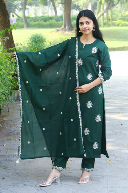 Green Threaded Cotton Kurta-Pant Set with Dupatta