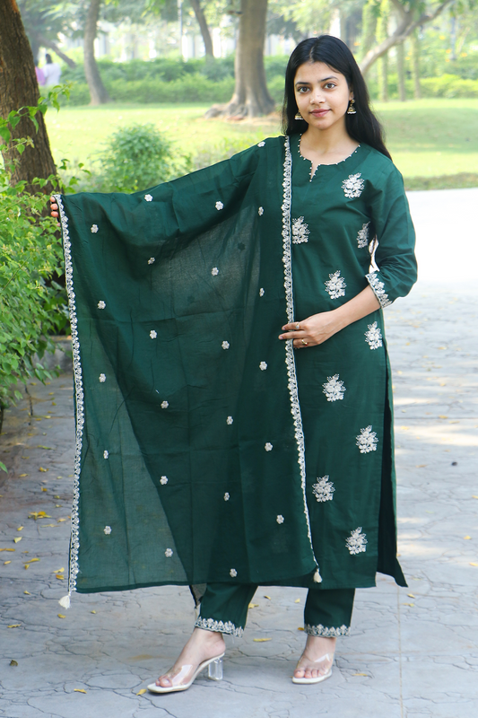 Green Threaded Cotton Kurta-Pant Set with Dupatta