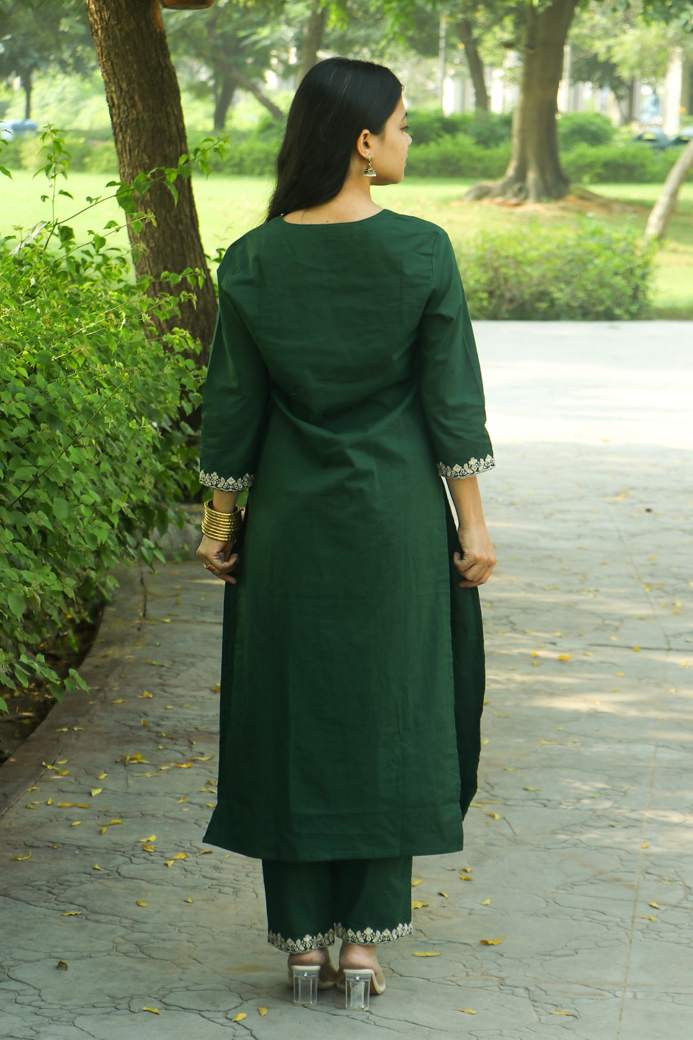 Green Threaded Cotton Kurta-Pant Set with Dupatta