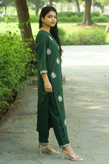 Green Threaded Cotton Kurta-Pant Set with Dupatta
