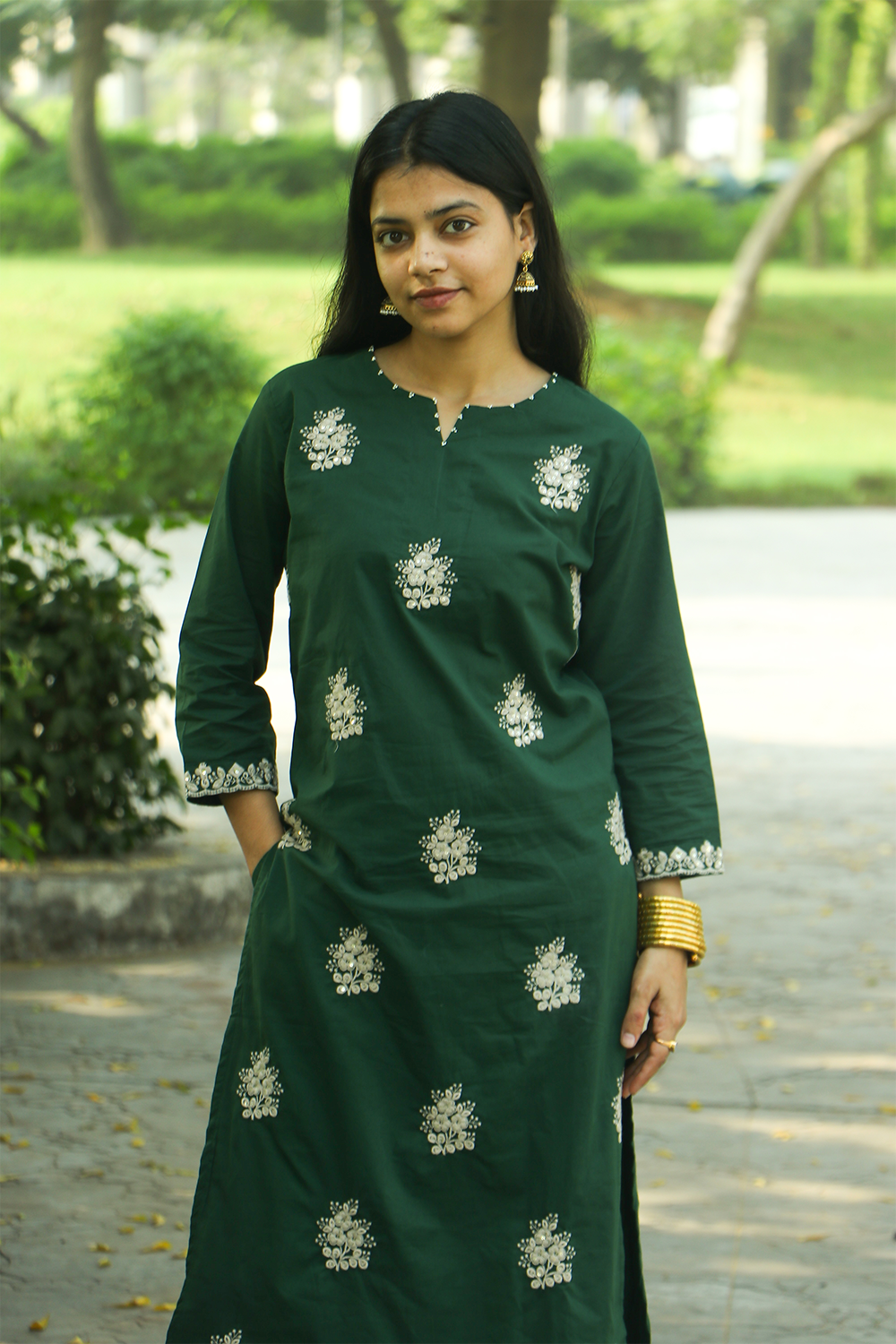 Green Threaded Cotton Kurta-Pant Set with Dupatta