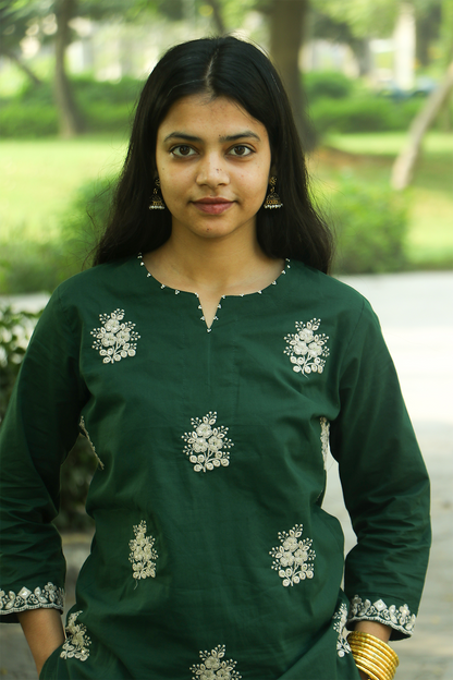 Green Threaded Cotton Kurta-Pant Set with Dupatta