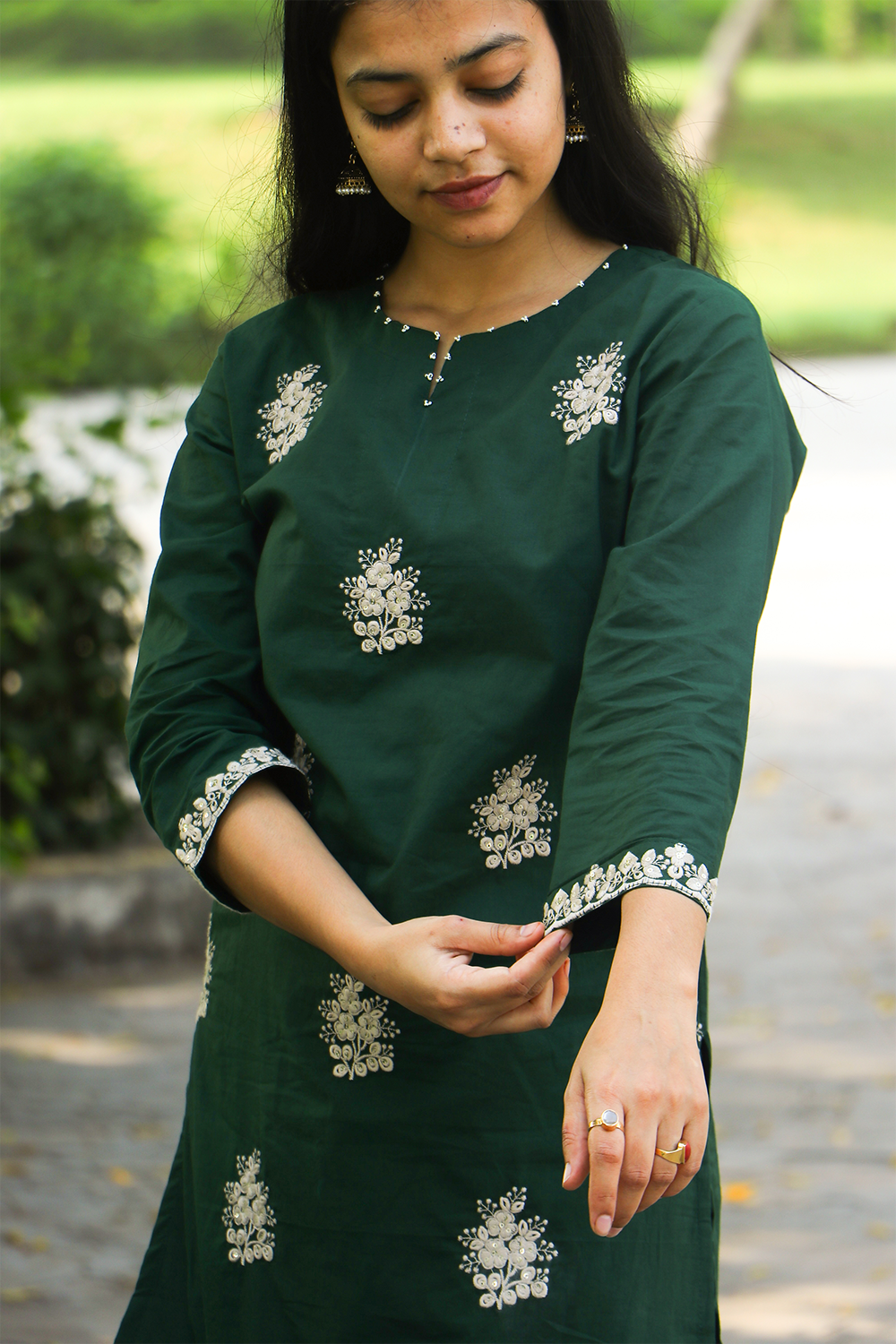 Green Threaded Cotton Kurta-Pant Set with Dupatta