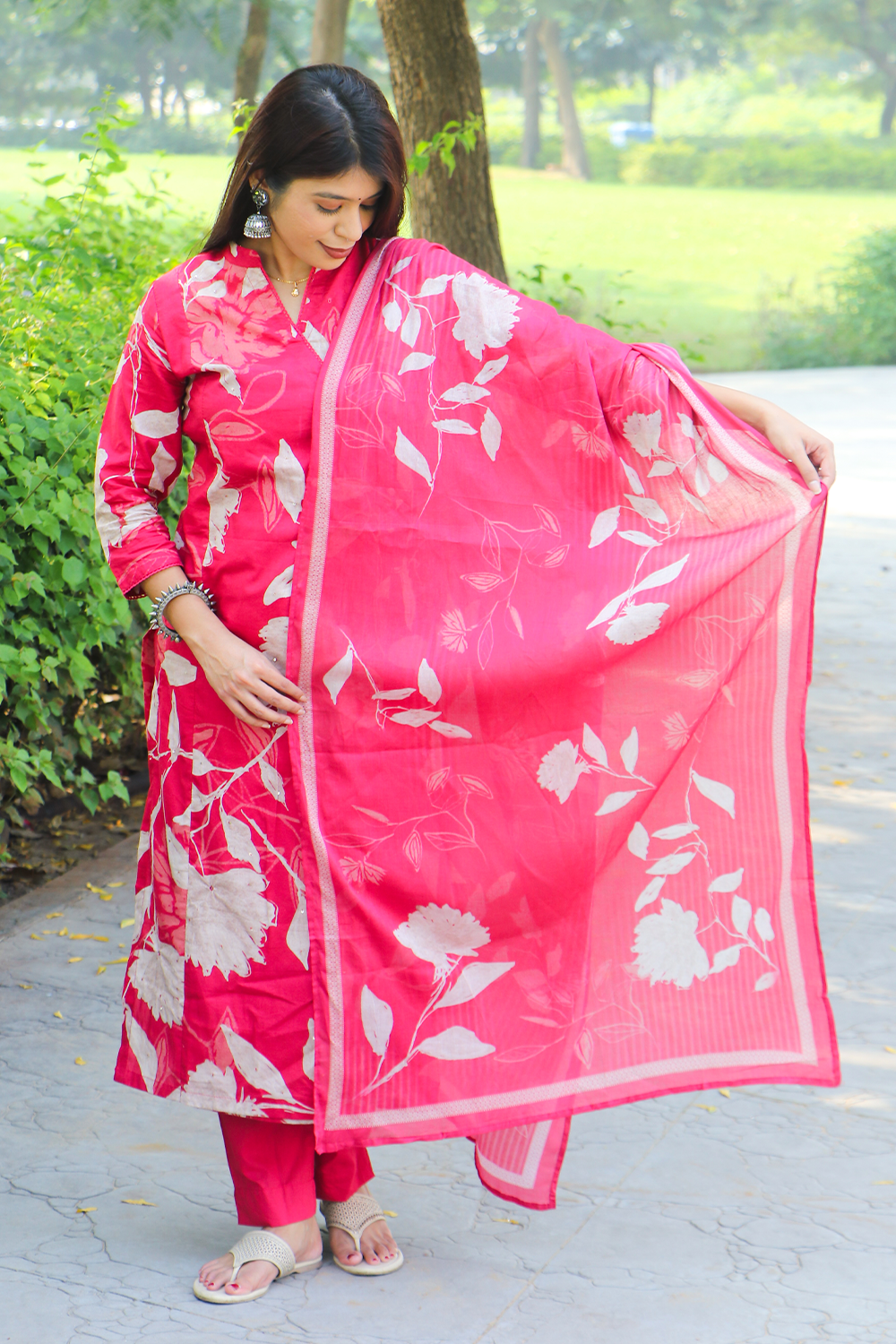 Pink Cotton Angrakha Kurta-Pant Set with Dupatta