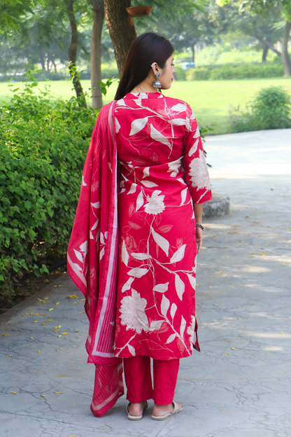 Pink Cotton Angrakha Kurta-Pant Set with Dupatta