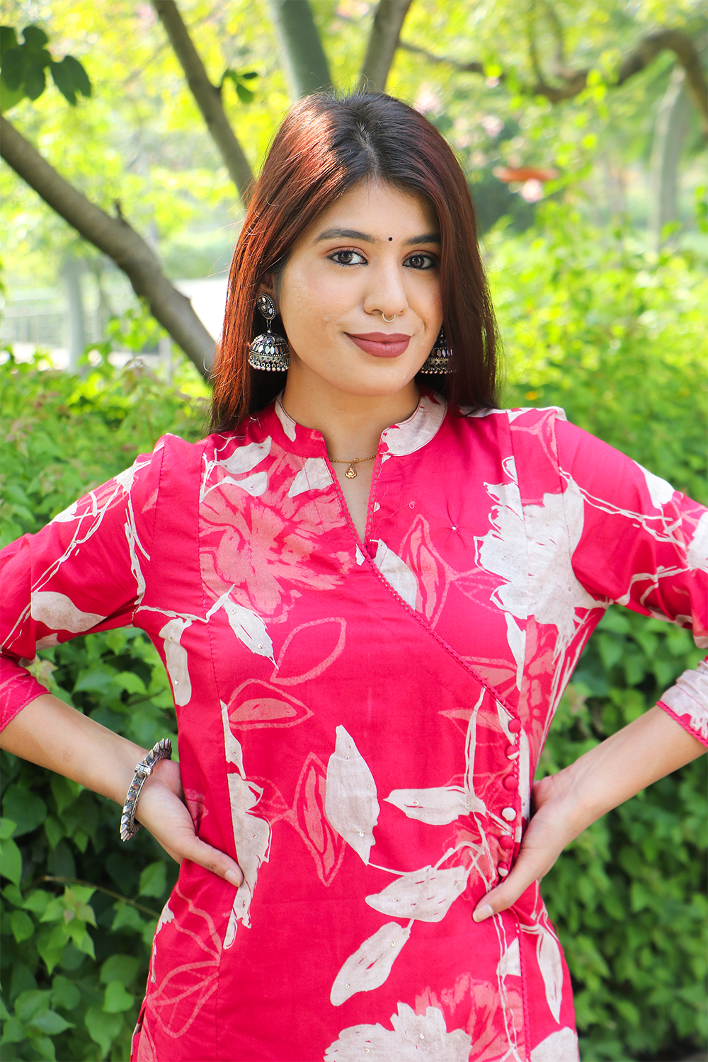 Pink Cotton Angrakha Kurta-Pant Set with Dupatta