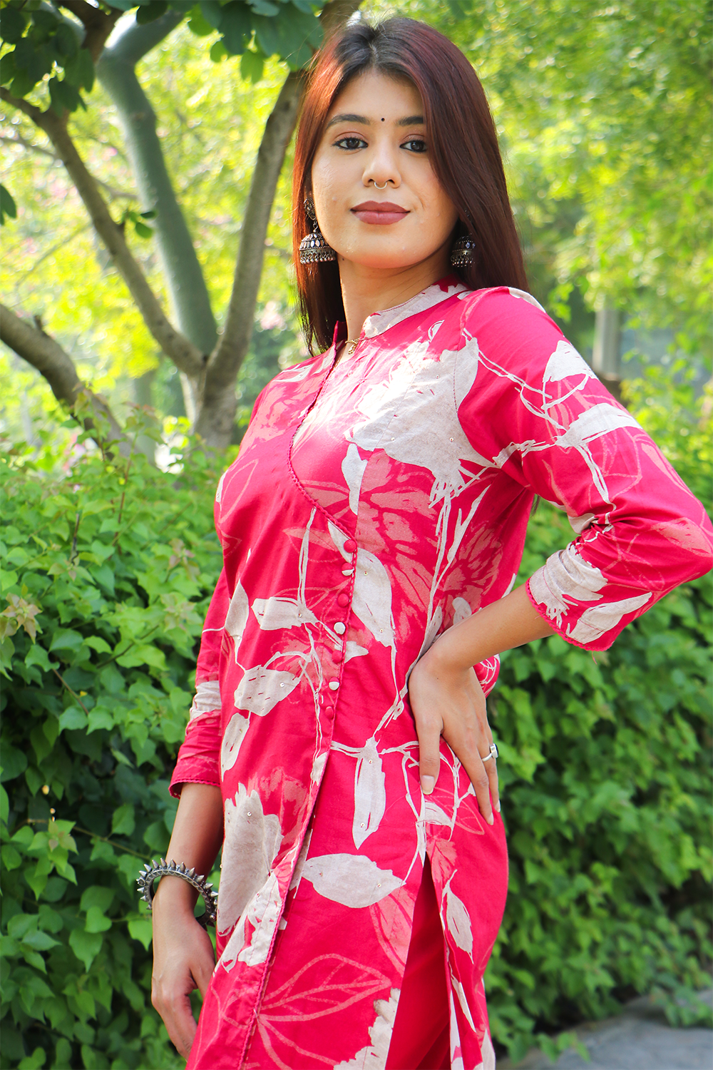 Pink Cotton Angrakha Kurta-Pant Set with Dupatta