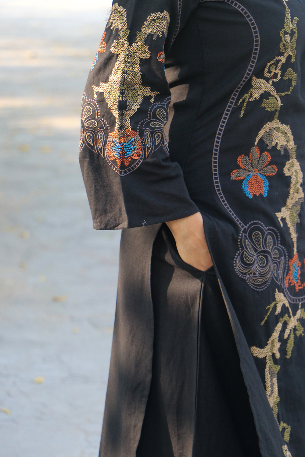 Black Cross Stitch Embroidered Cotton Kurta-Pant Set with Dupatta