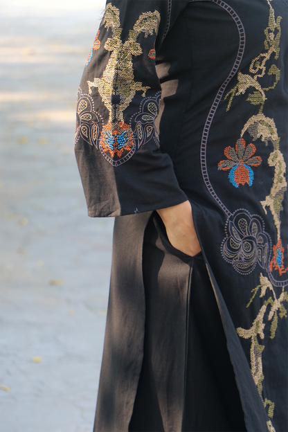 Black Cross Stitch Embroidered Cotton Kurta-Pant Set with Dupatta