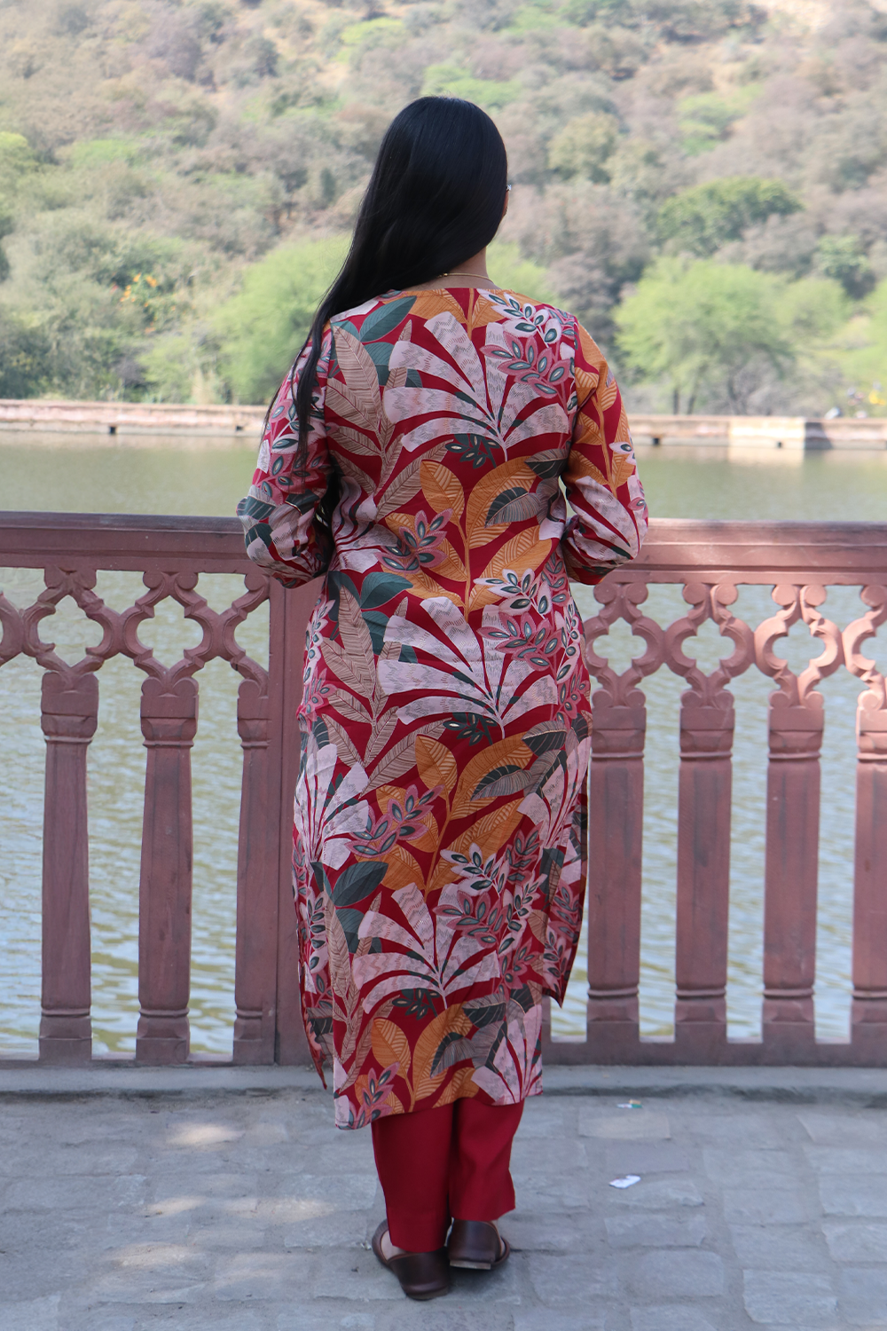 Red Tropical Print Modal Silk Kurta Pant Set with Dupatta