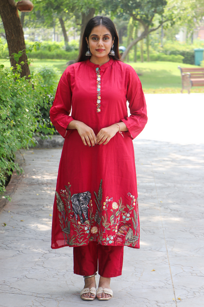 Wine Red Embroidered Modal Silk Kurta Pant Set with Dupatta