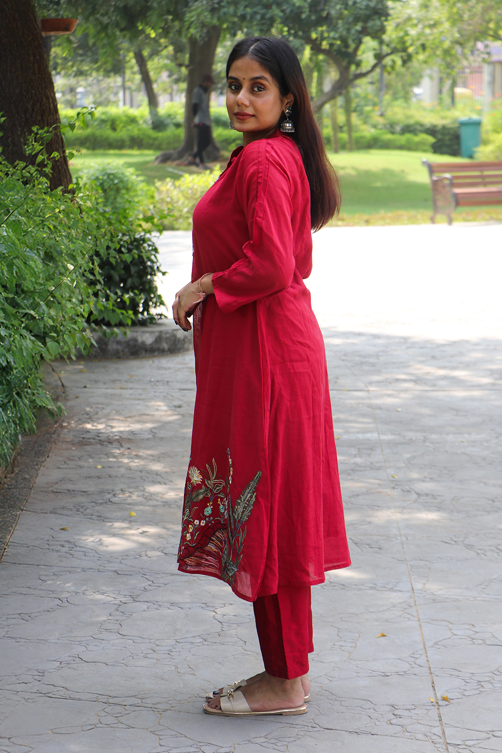 Wine Red Embroidered Modal Silk Kurta Pant Set with Dupatta