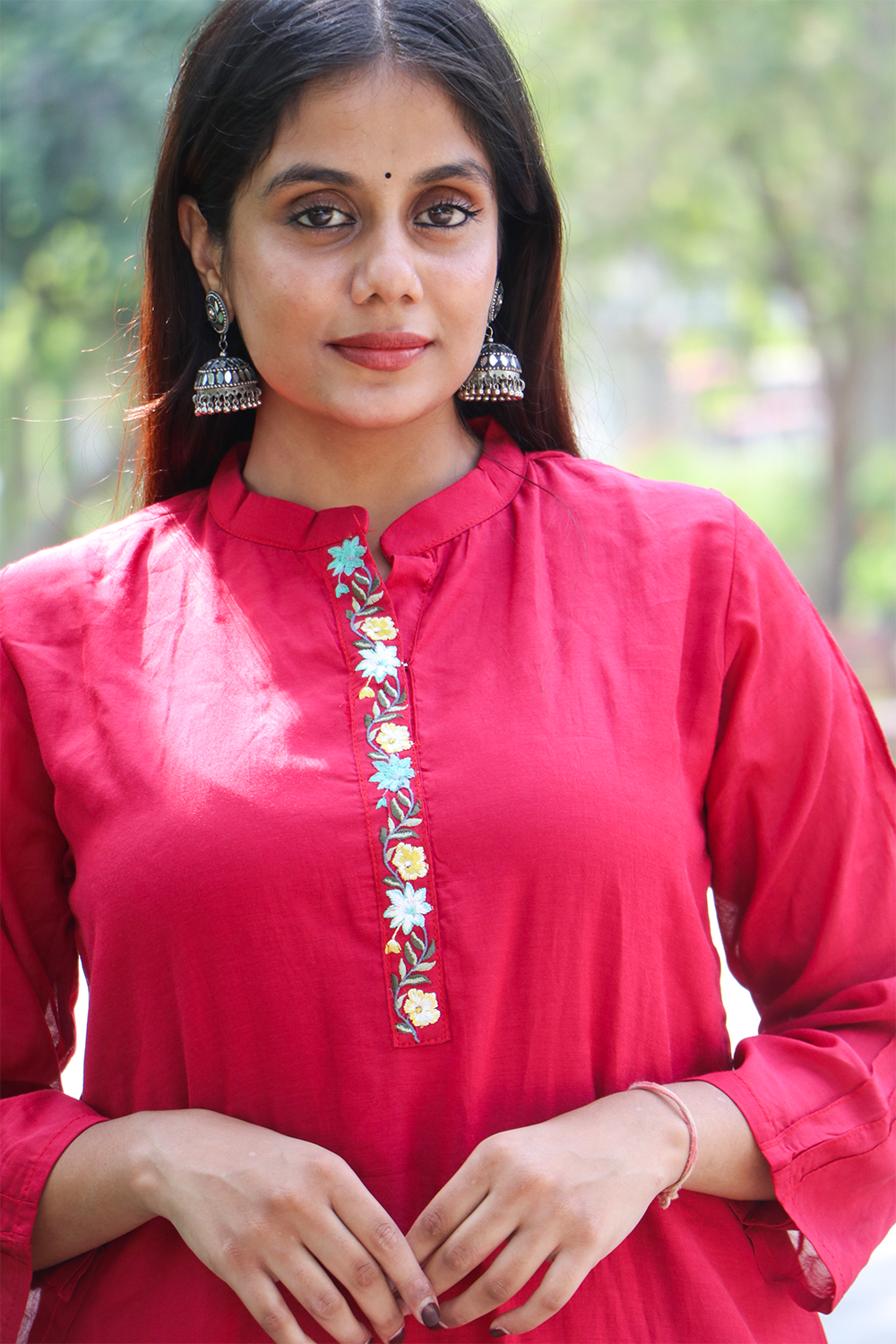 Wine Red Embroidered Modal Silk Kurta Pant Set with Dupatta