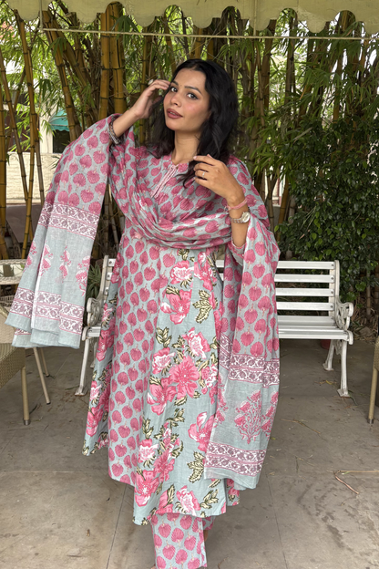 Powder Blue & Pink Shell Floral Print A-Line Kurta Set with Dupatta