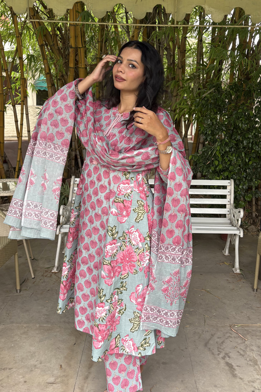 Powder Blue & Pink Shell Floral Print A-Line Kurta Set with Dupatta