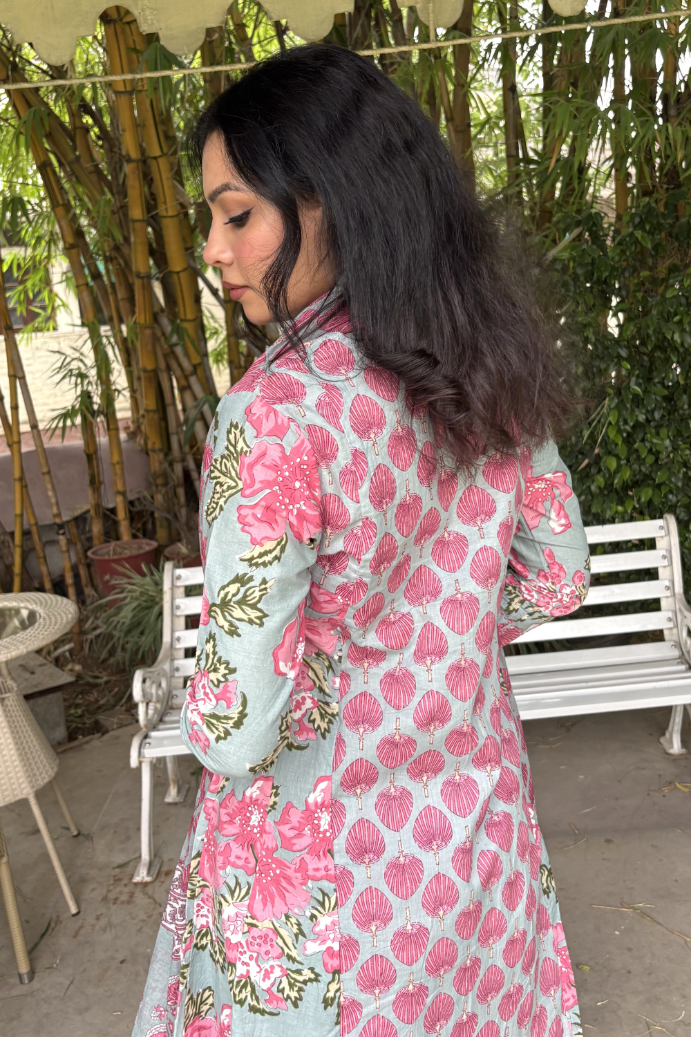 Powder Blue & Pink Shell Floral Print A-Line Kurta Set with Dupatta