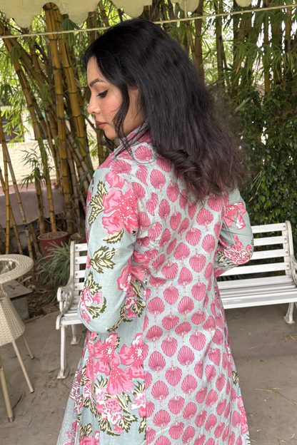 Powder Blue & Pink Shell Floral Print A-Line Kurta Set with Dupatta