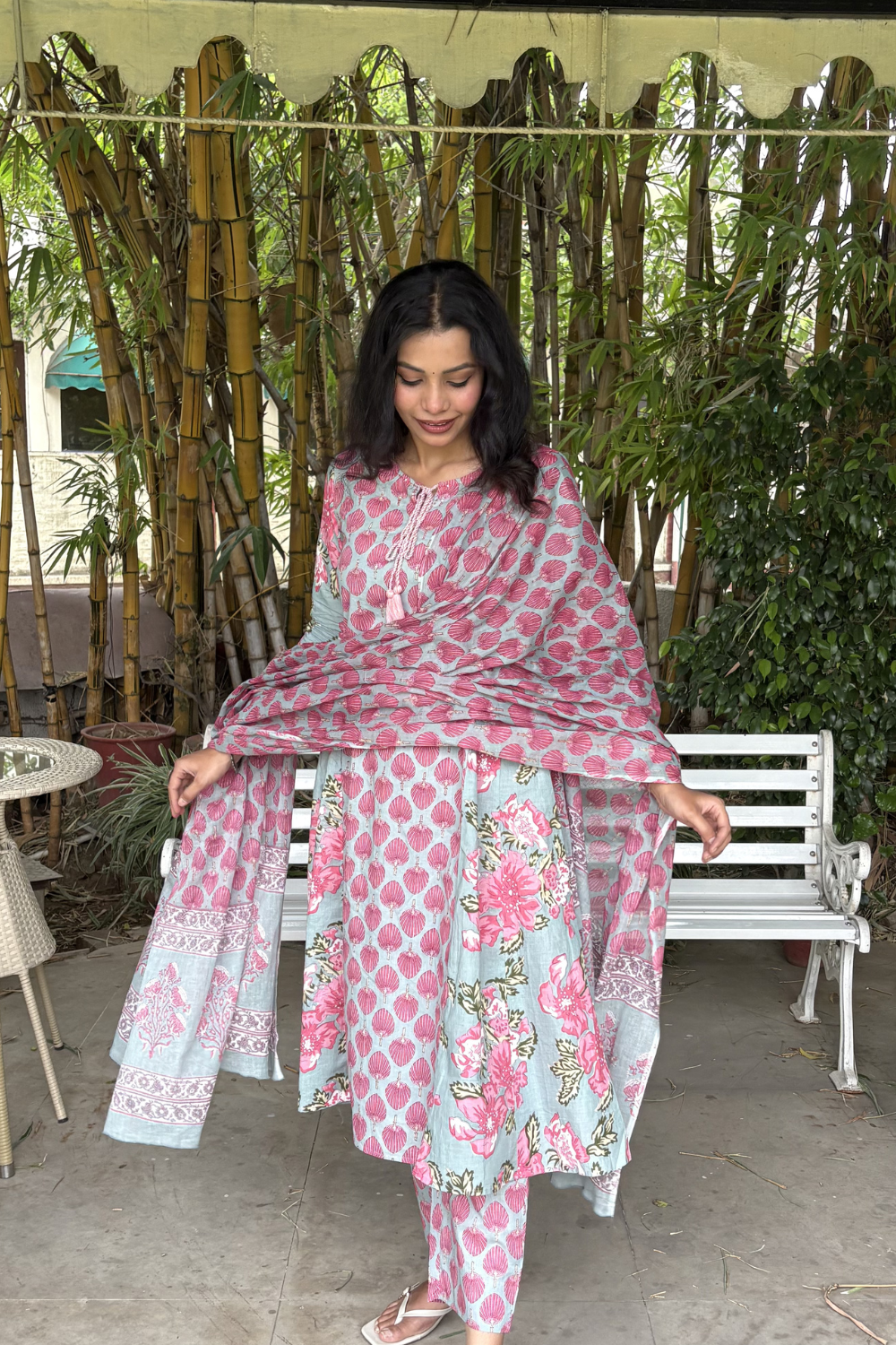 Powder Blue & Pink Shell Floral Print A-Line Kurta Set with Dupatta