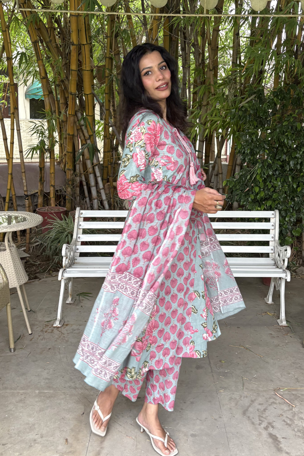 Powder Blue & Pink Shell Floral Print A-Line Kurta Set with Dupatta