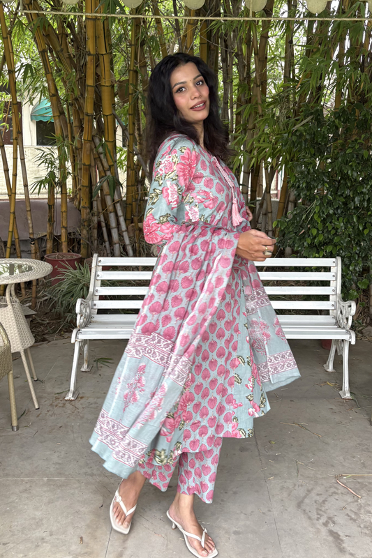 Powder Blue & Pink Shell Floral Print A-Line Kurta Set with Dupatta