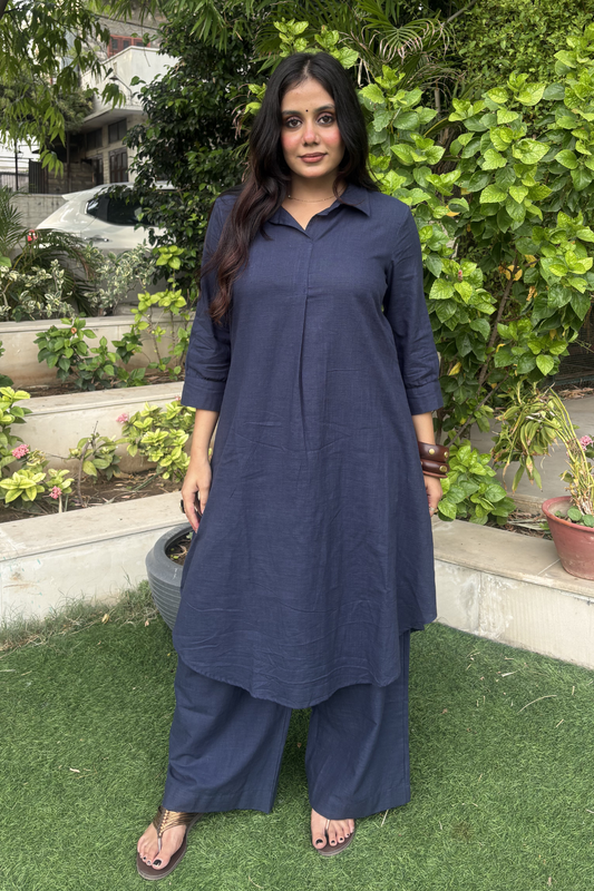 Navy Blue Shirt Collar Kurta Set with Palazzo