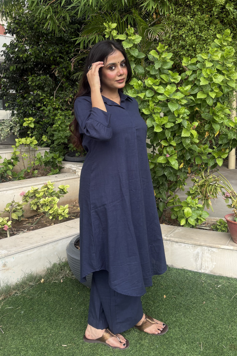 Navy Blue Shirt Collar Kurta Set with Palazzo
