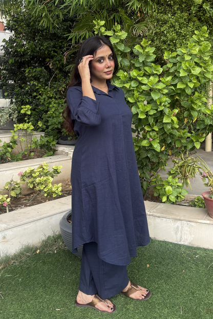 Navy Blue Shirt Collar Kurta Set with Palazzo
