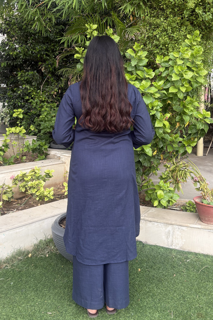 Navy Blue Shirt Collar Kurta Set with Palazzo